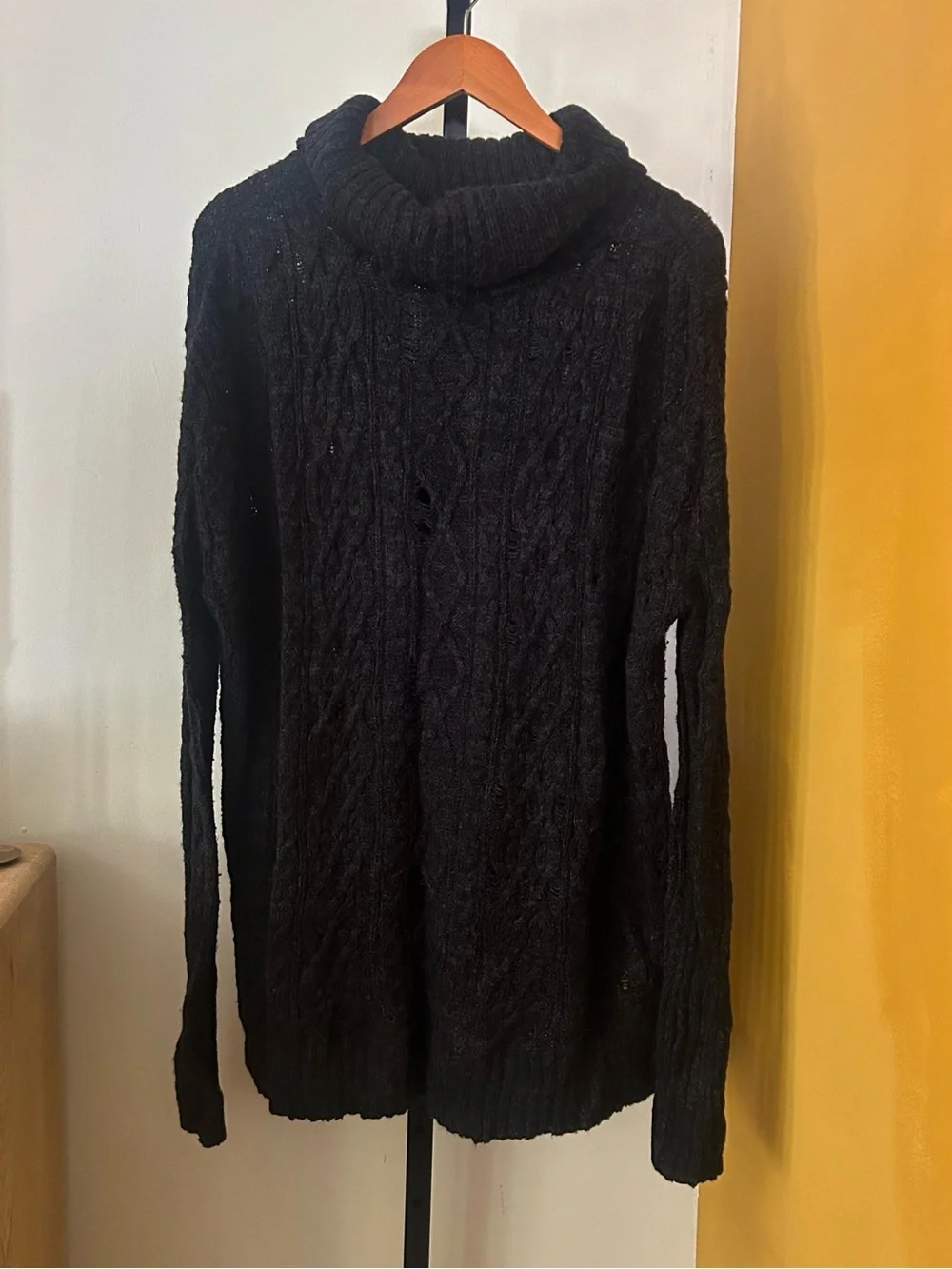 Free People Distressed Cable Knit Turtleneck Sweater Oversized Cowl‎ Black Small